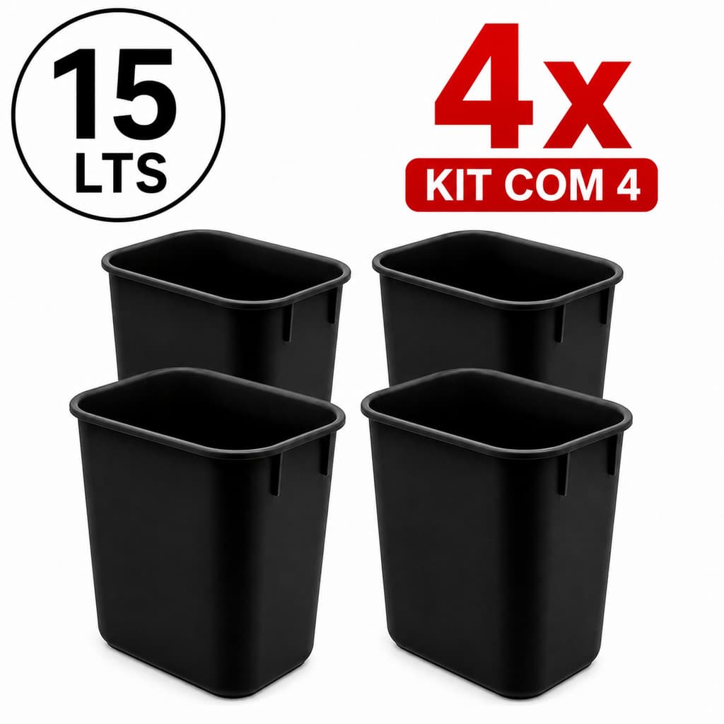 Kit 4 Lixeira 15 Litros Preta Resistente para Cozinha Banheiro Multiuso e Escritório