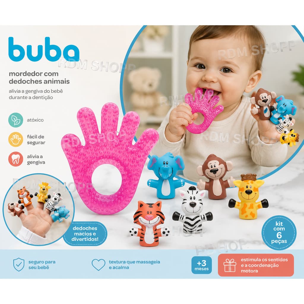 Kit Sensorial Bebê Mordedor Mãozinha Com Àgua + Dedoches Infantil Buba ROSA