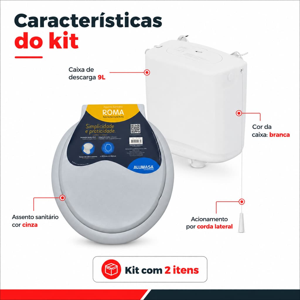 Kit Caixa de Descarga 9L Reforçada V2 Tigre Corda Lateral + Assento Sanitário Roma Cinza