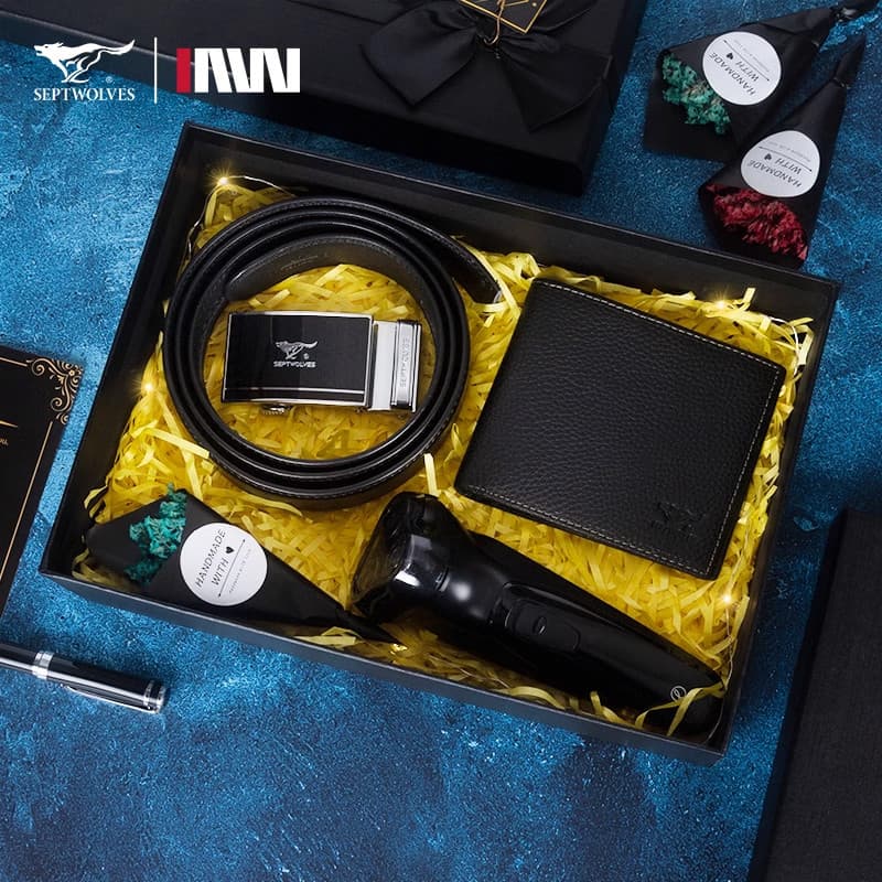 Sete lobos cinto carteira caixa de presente conjunto navalha masculina presente de aniversário para o marido dia dos pai