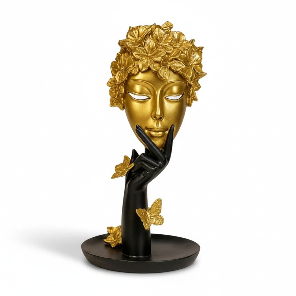 Escultura Decorativa de Resina “Flores e Borboletas” Dourada com Base Preta AliDoLado