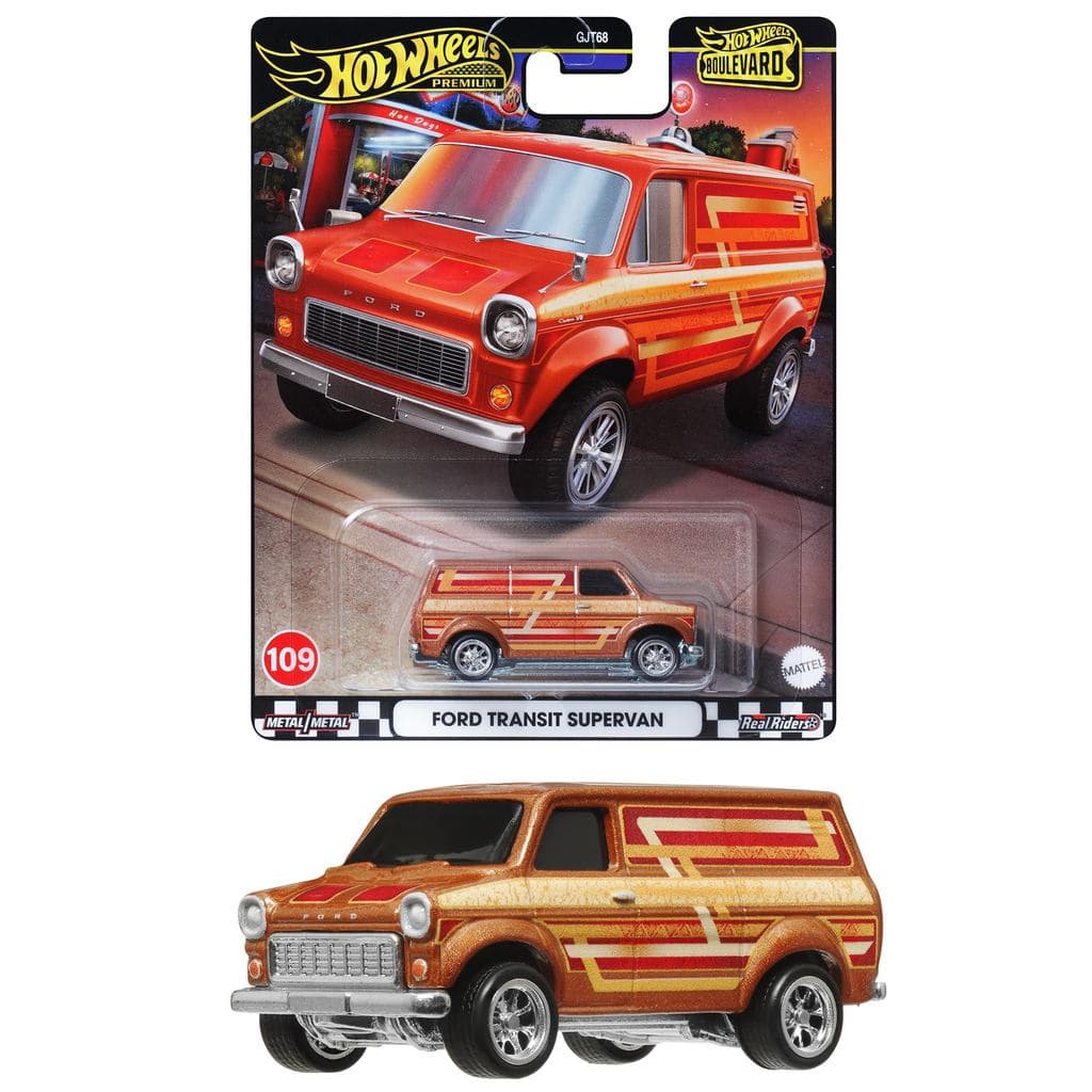 Hot Wheels Boulevard Ford Transit Super Van Veículo Brinquedo Mini Carro para maiores de 3 anos Laranja HRT76