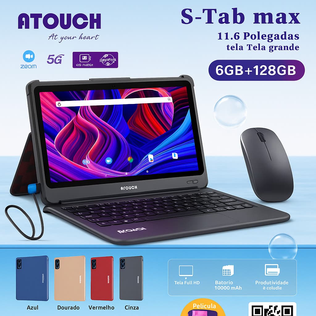 Tablet S-Tab Max 11.6” com Teclado e Mouse | Tela Full HD | 8GB+512GB | Bateria 10000mAh | Produtividade e Estudo