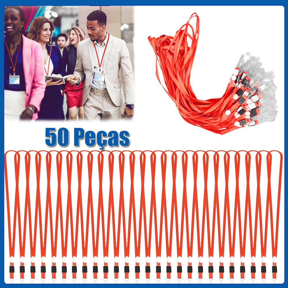 50 pacotes de cordões para crachás de identificação cordões com crachá plano para crachá de identificação Vermelho