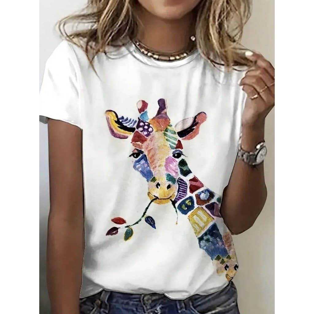 Camiseta Feminina De Gola Redonda Com Estampa De Girafa