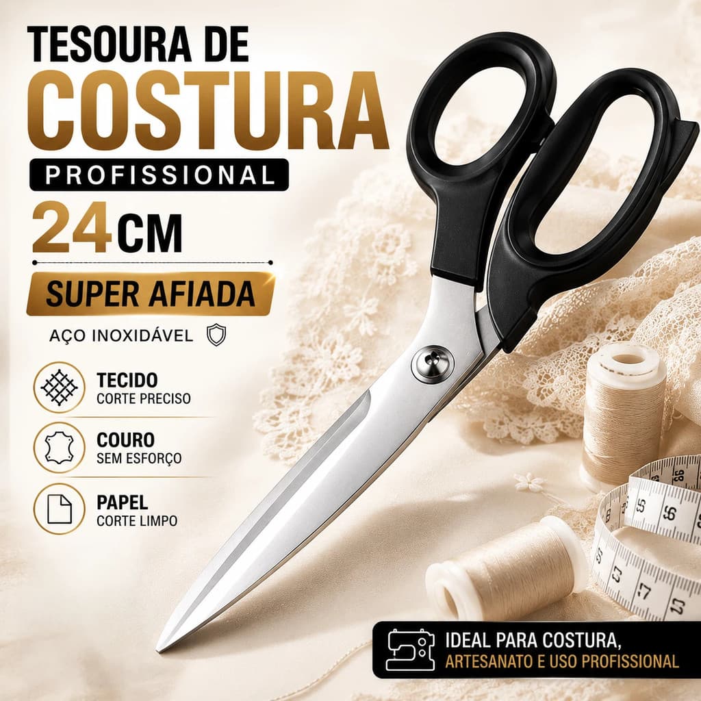 Tesoura Multiuso 24cm Aço Inox Corte Preciso para Tecido Papel Costura e Artesanato