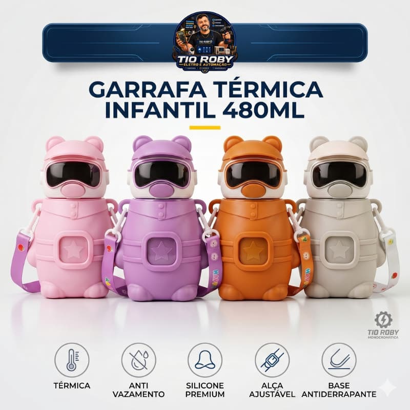 Garrafa Infantil Térmica Inox com Alça e Canudo Anti Vazamento Ursinho Astronauta Ideal Escola Passeio Viagem