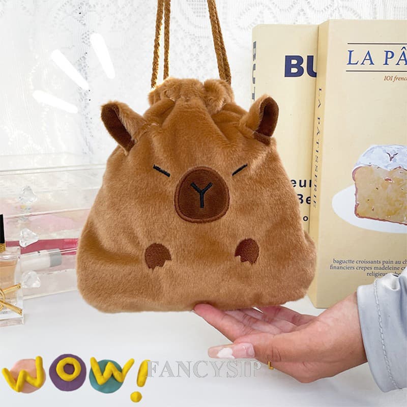 Bolsa Fofa De Pelúcia Com Cordão De Capivara , Mistura De Algodão Padrão De Desenho Animado Acessórios Multicomponentes