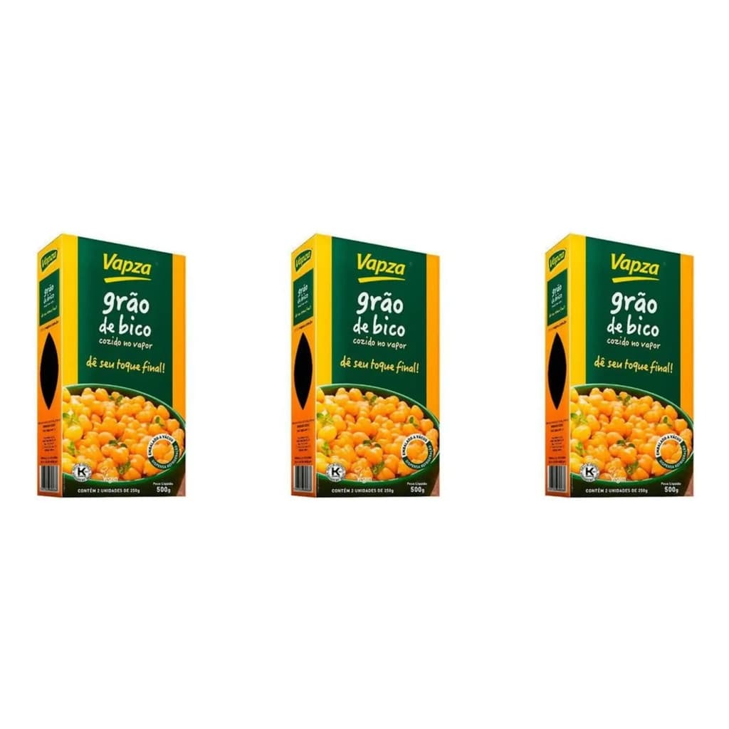 Kit 1,5 Kg 3 Caixas Grão De Bico Cozido No Vapor Vapza caixa 500 gr cada - rápido, só esquentar