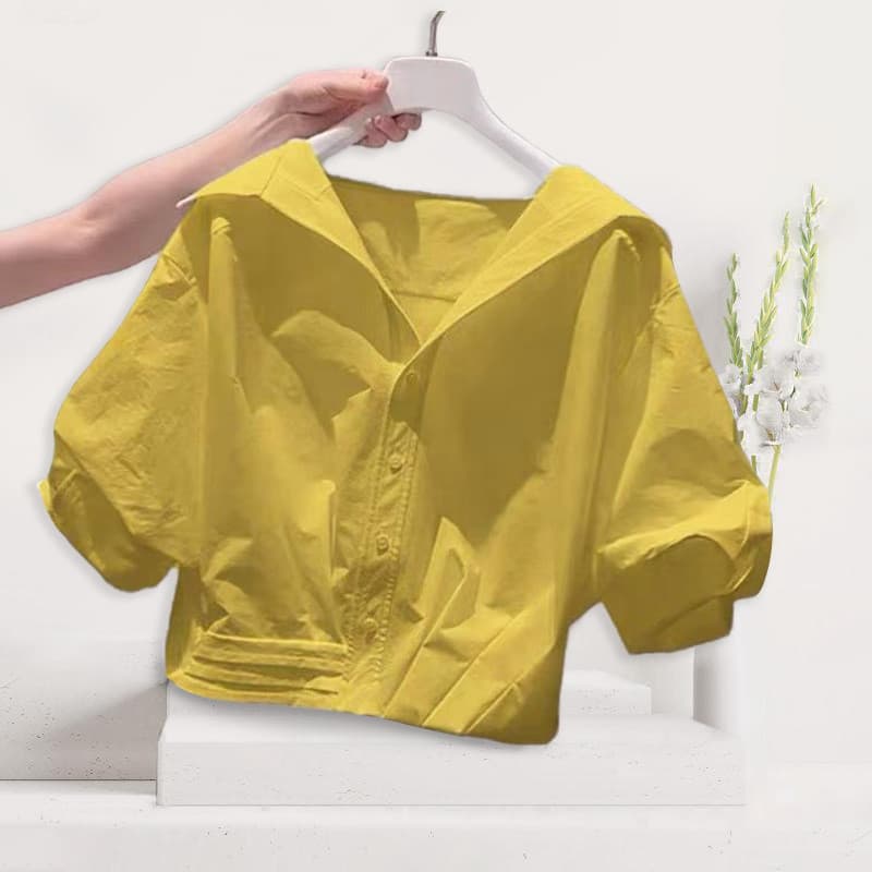 G camisa feminina de manga bufante com lapela, moda bonita, verão, venda quente, estilo ins, camisa curta solta dopamina