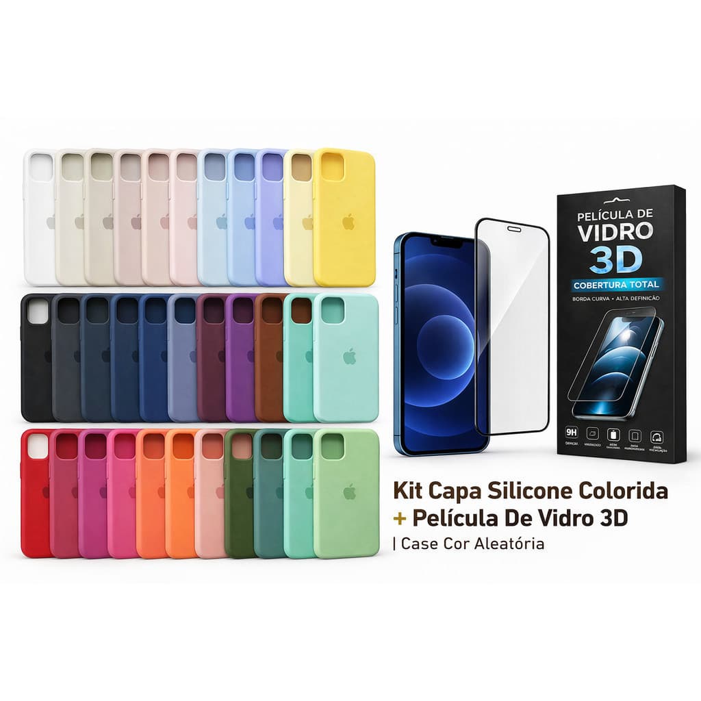 Kit 2em1 Case Silicone Colorida Para iPhone X XR XS 11 12 13 14 15 16 17 Pro Max + Película Vidro 3D Temperado | Premium