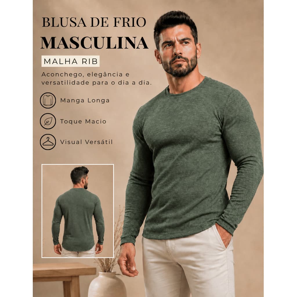 Suéter Masculino Blusa Ribana Tricô Frio Gola Redonda Básica Clássica Manga Longa