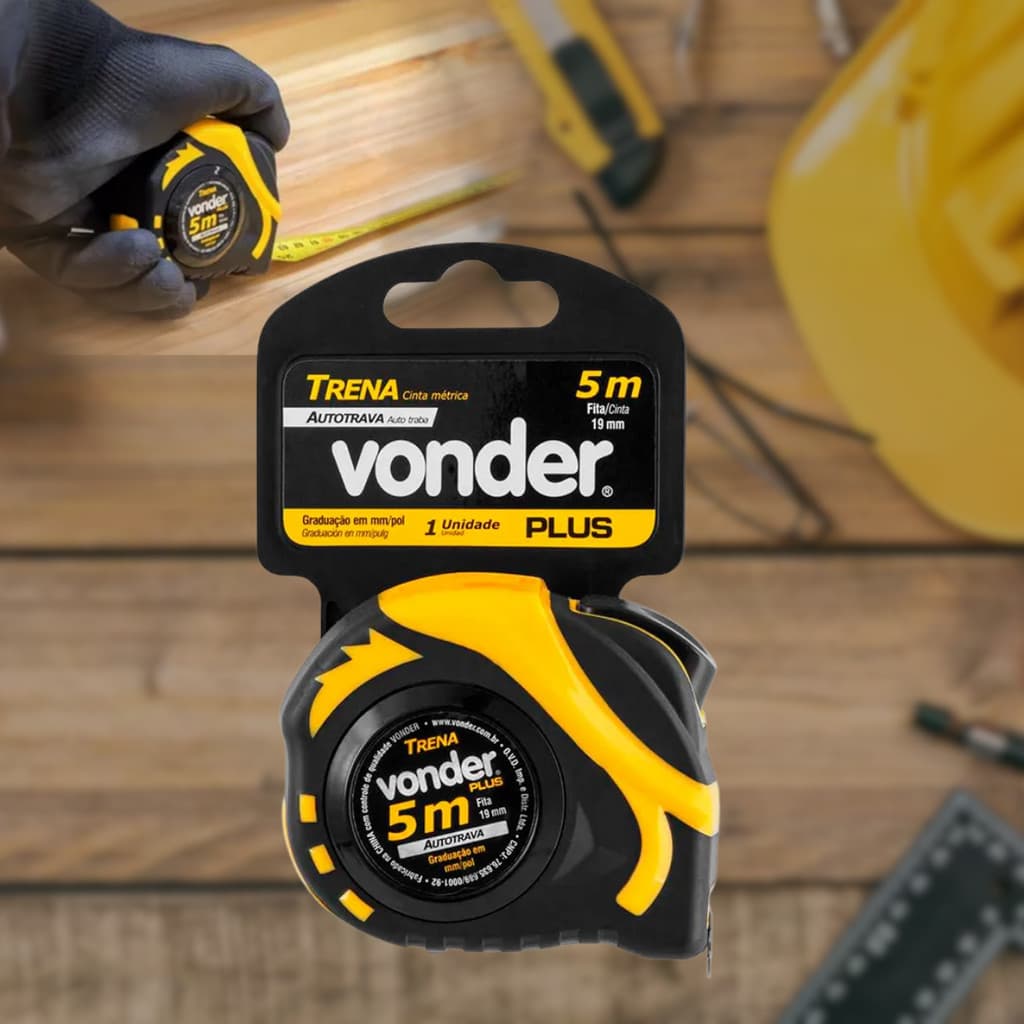 Trena Métrica Autotrava 5 Metros Vonder Plus Profissional Aço Fita Com Alça 19mm Suporte para Cinto