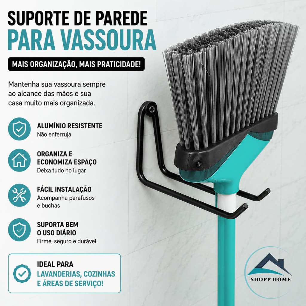 Suporte Porta Vassoura / Rodo / Pá De Lixo Aço Inox PRETO
