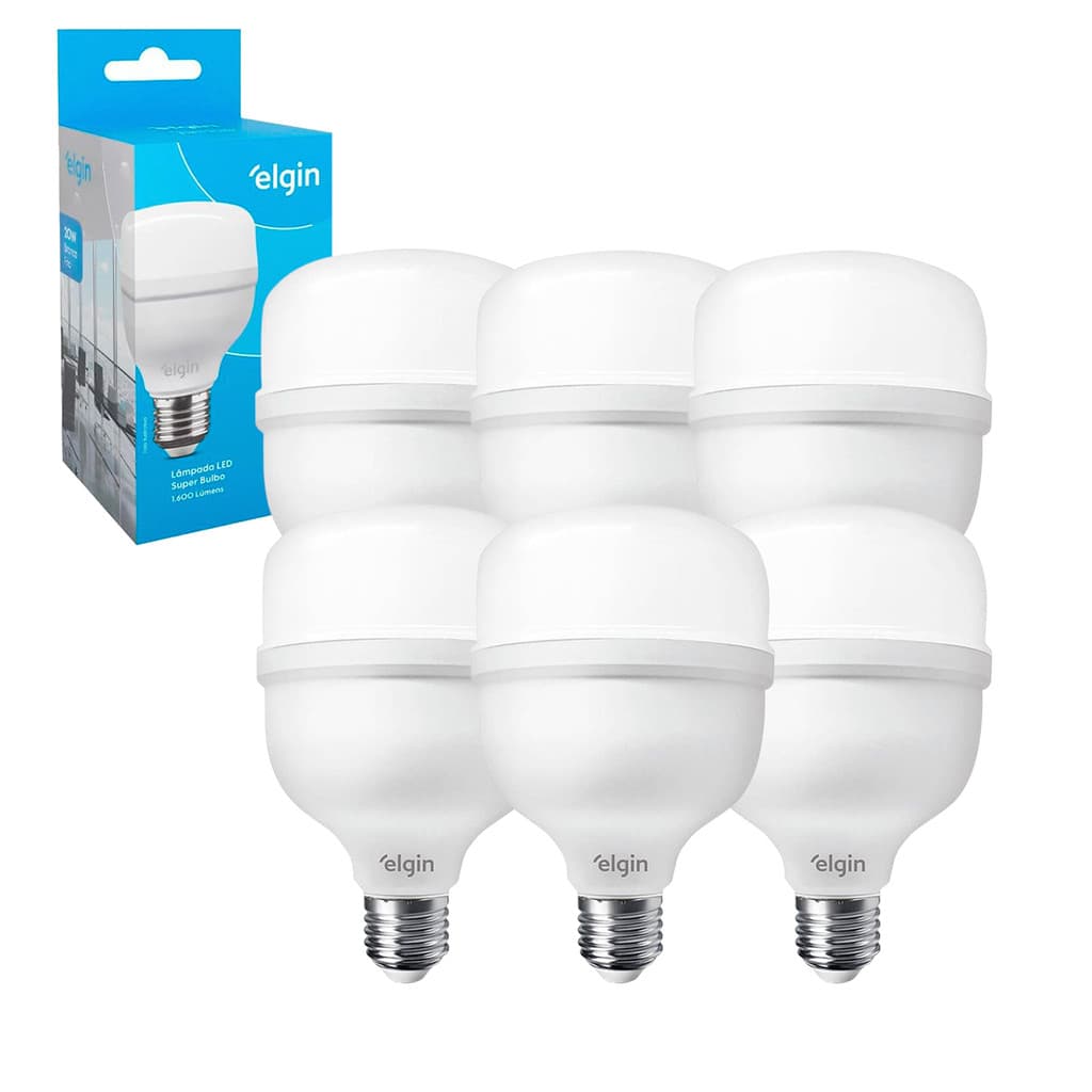 Kit 6 Lâmpadas Led Bulbo 20w Elgin Alta Potência Bivolt 6500k Branca Fria