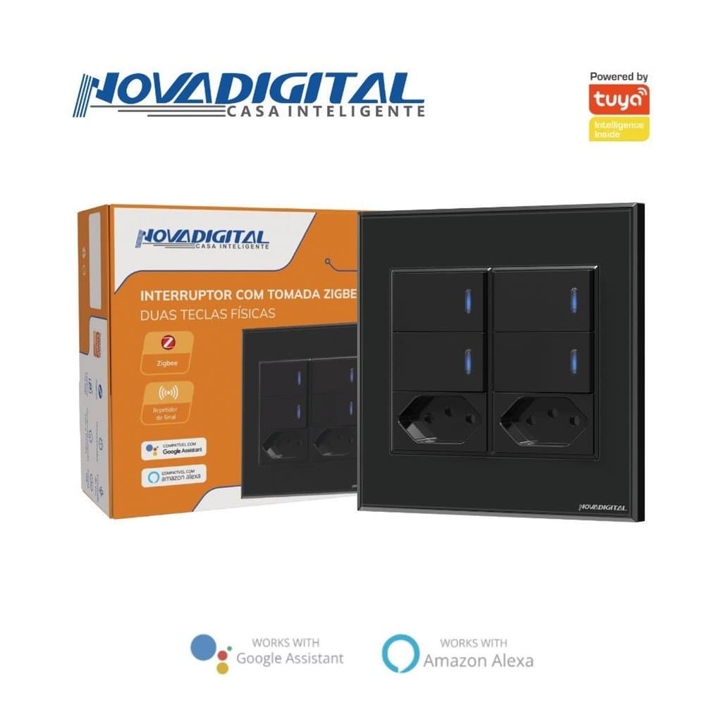 Interruptor Inteligente tecla fisica com led Zigbee 4x4 4 Botões tomada Preto NovaDigital NTZB-04-B