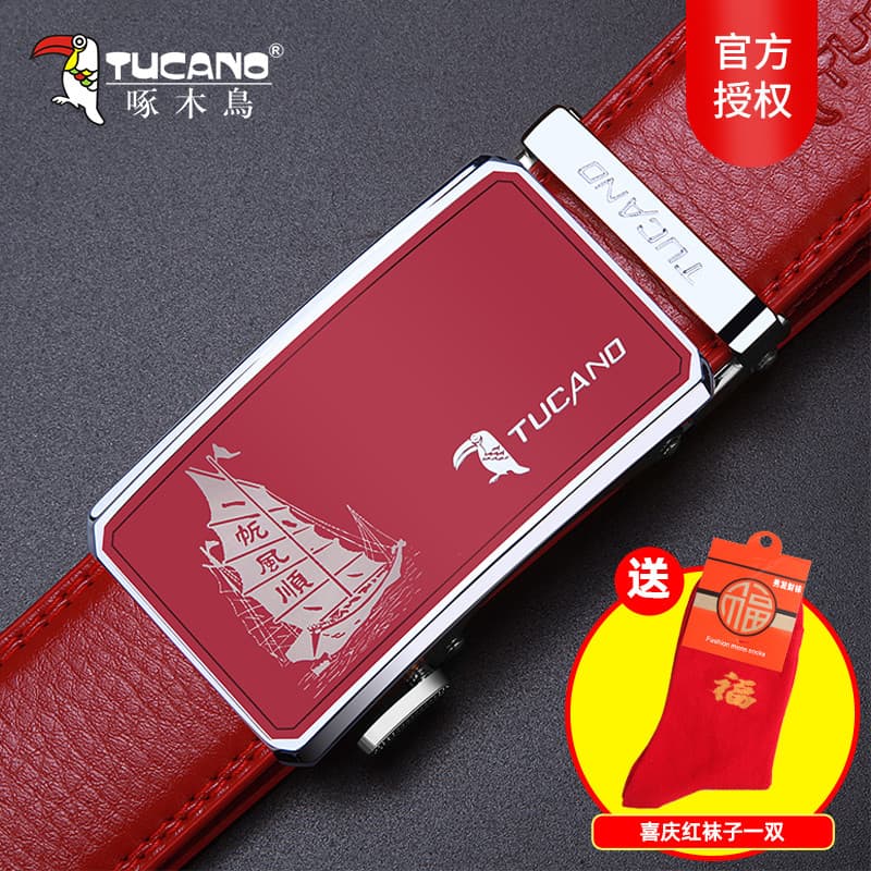 Novo cinto de pica-pau masculino couro genuíno fivela automática cinto Benming ano vermelho cinto sorte couro vermelho c