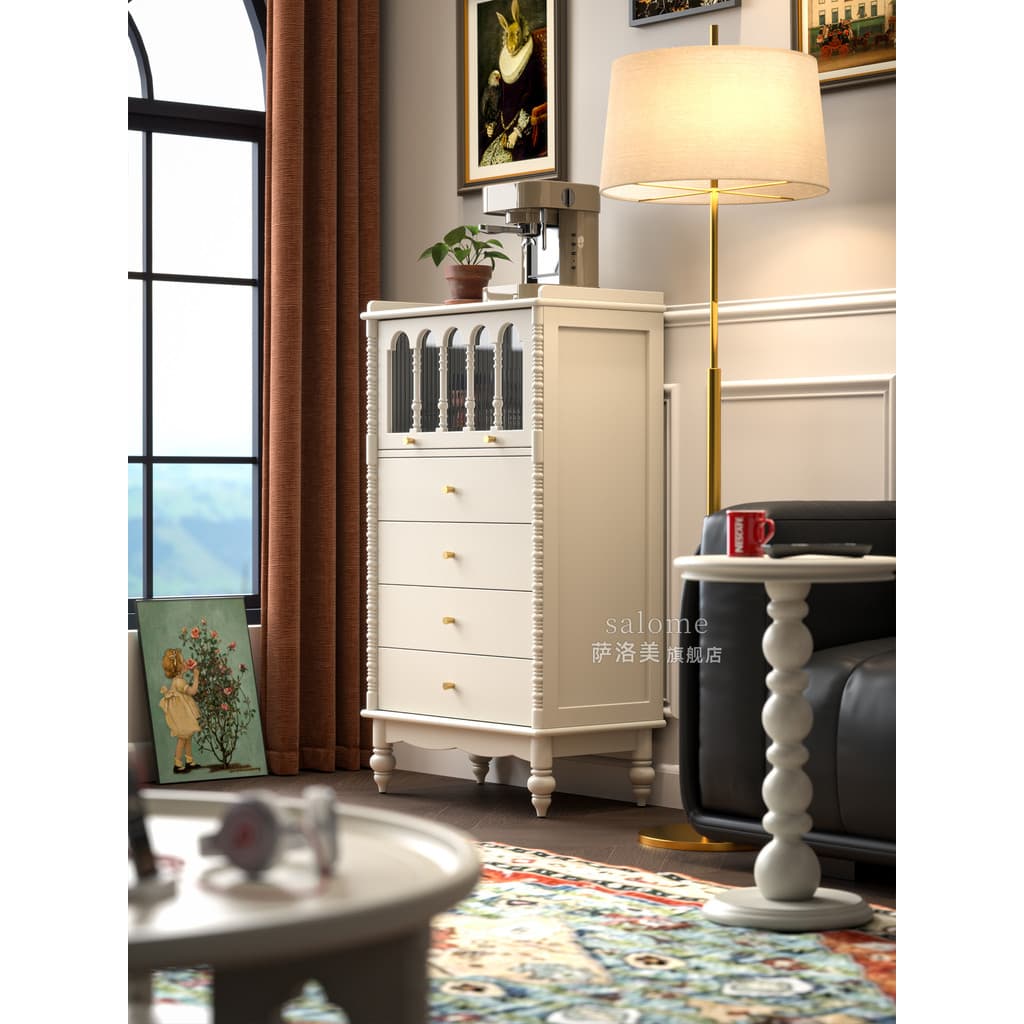 Gaveta de madeira maciça estilo creme, armário de parede traseira para sala de estar, quarto francês, armário de armazen