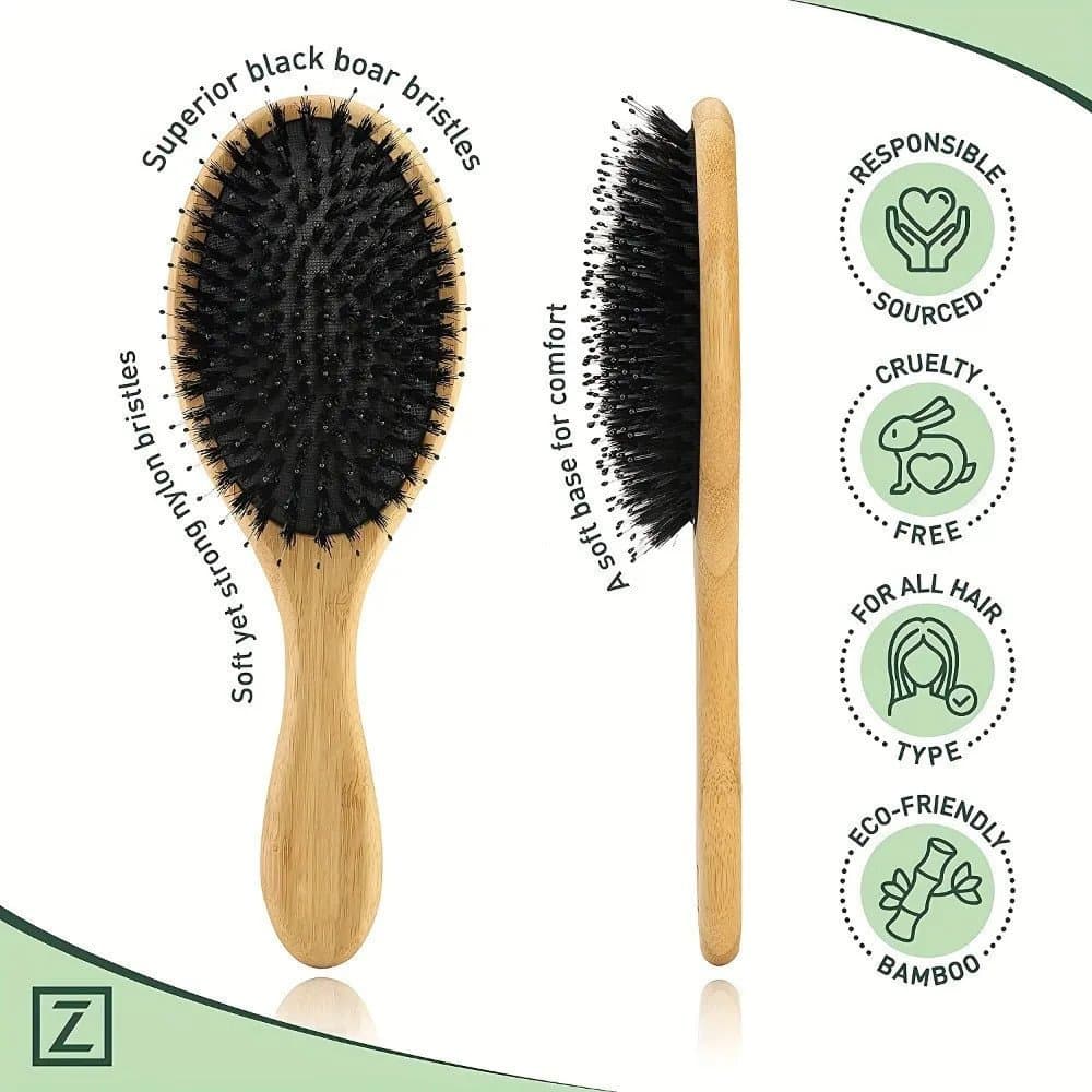 Escova de cerdas naturais de javali, cabo de bambu, pente antiestático, usada para massagem do couro cabeludo e circulaç