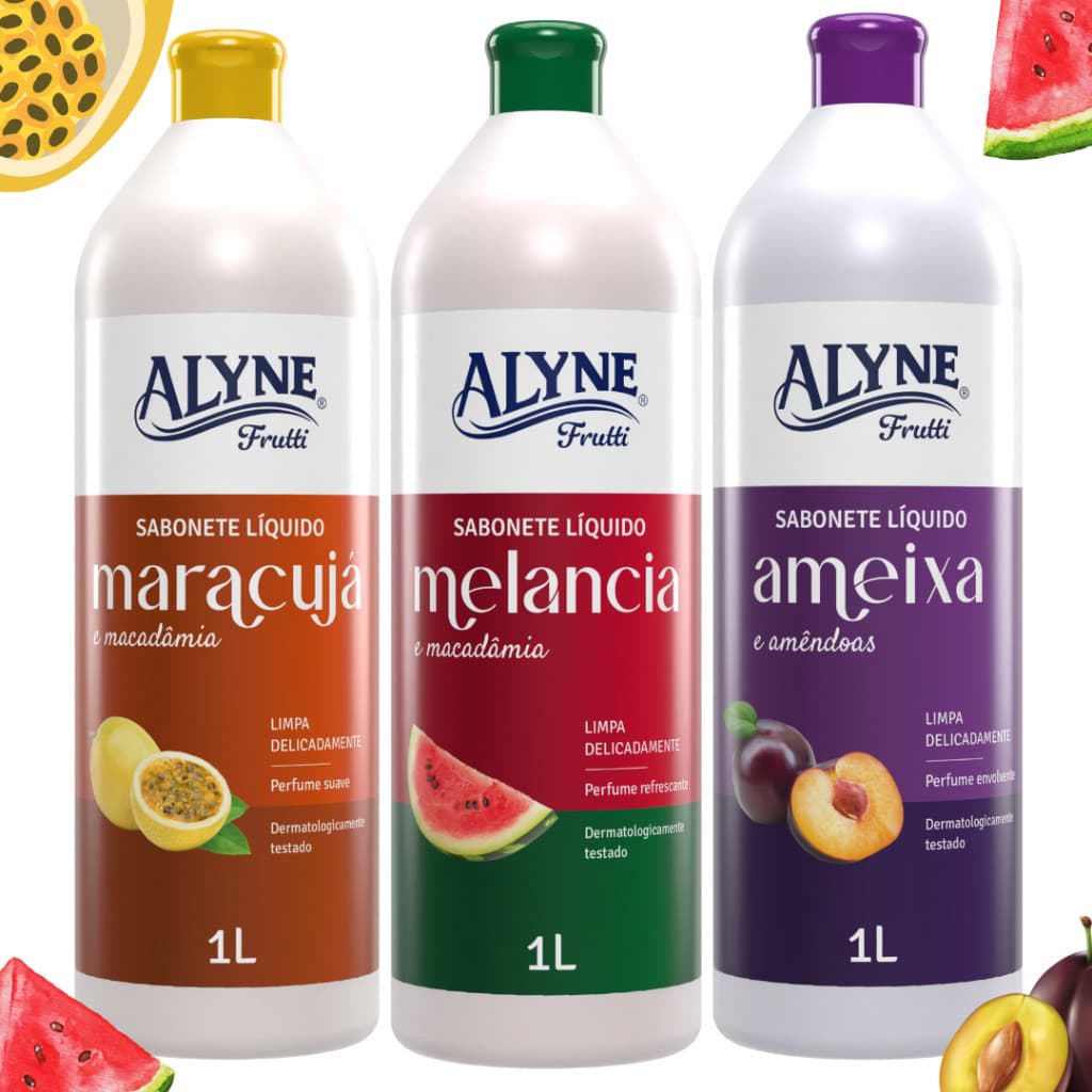 Sabonete Líquido Alyne Frutti 1L – Maracujá, Melancia ou Ameixa Limpa Delicadamente