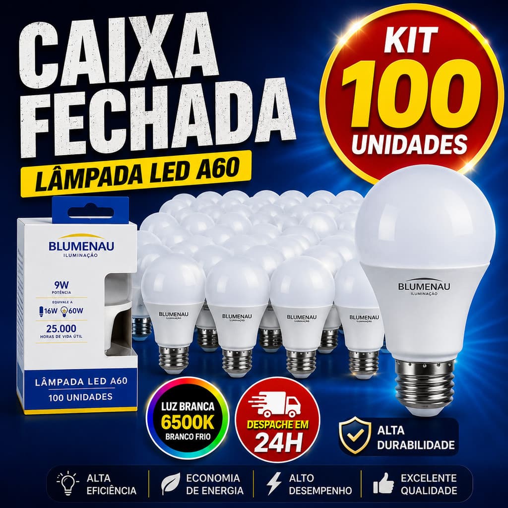 Kit 100 Lâmpadas Led 9W Blumenau Iluminação Bulbo A60 Pera Branco Frio 6500K Branco Quente 3000K Luz Amarela Bivolt E27