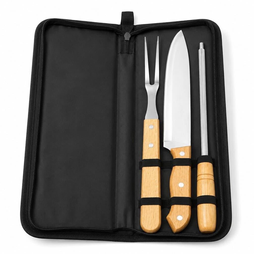 Kit Churrasco 3 Peças Aço Inox Cabo Madeira Com Estojo