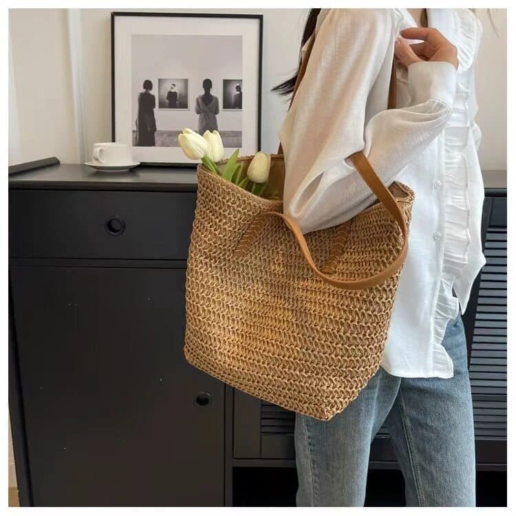 Bolsa bolsa transversal feminino Coreia coreia Commuter bolsa de palha de grande capacidade cor sólida simples 2025 verã