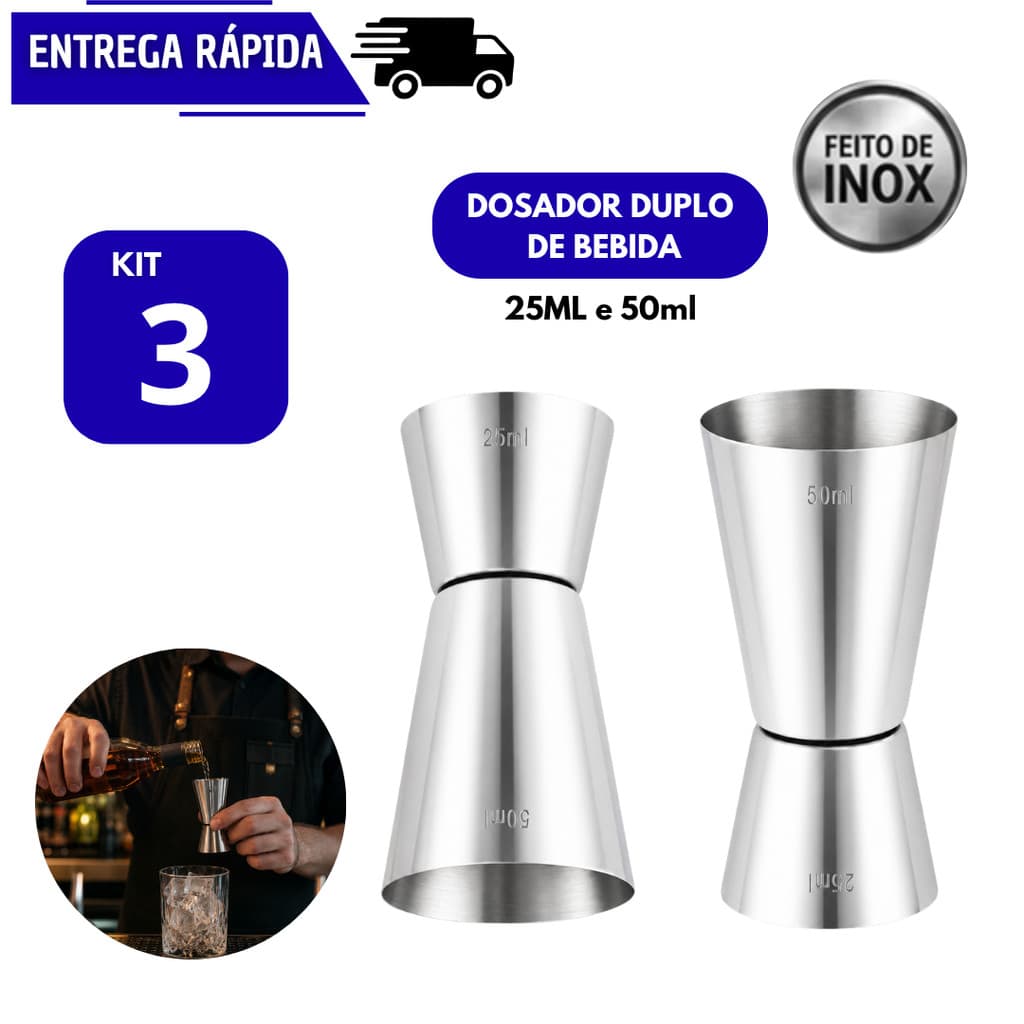 Kit 3 Dosador Duplo Inox 25 e 50ml Para Bebidas Drinks Bar Profissional Barman Restaurante Coquetéis Medidor  Dosadores