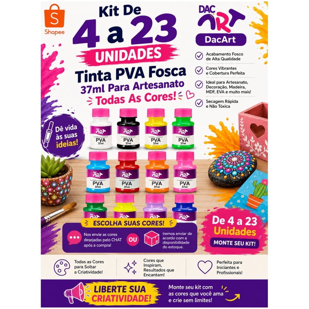 Kit De 4 A 23 Unidades De Tinta PVA Fosca 37ml Para Artesanato - Todas As Cores - DacArt