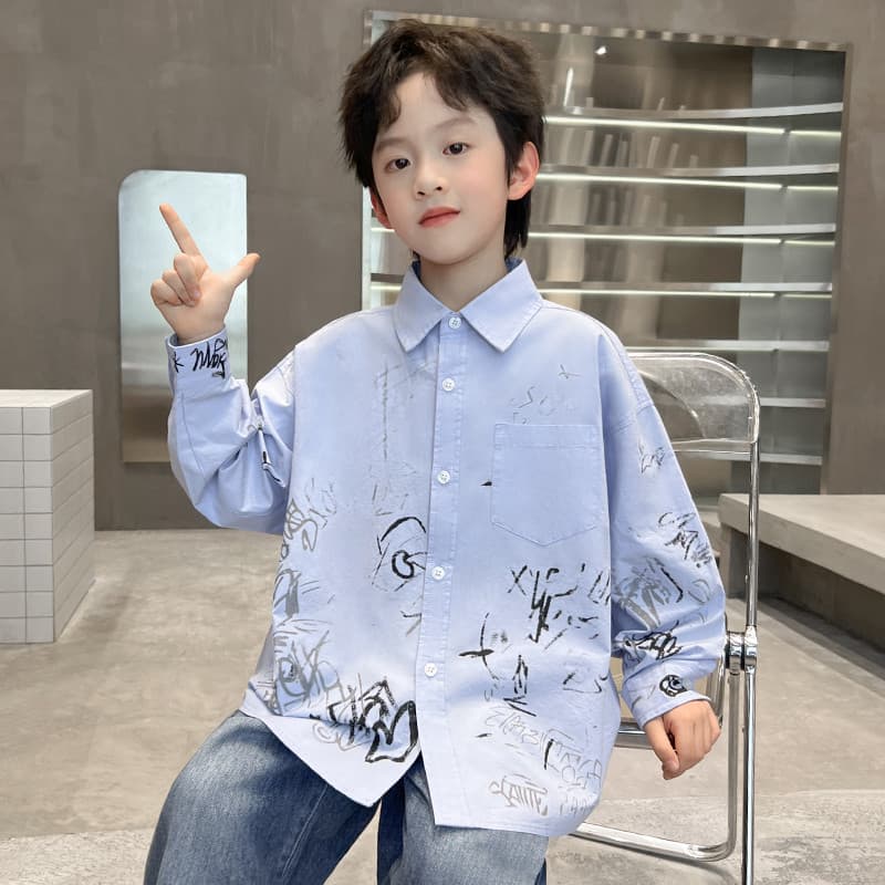 Roupas infantis de trabalho médio, camisa de manga comprida para meninos, roupas de outono de algodão puro * 35921