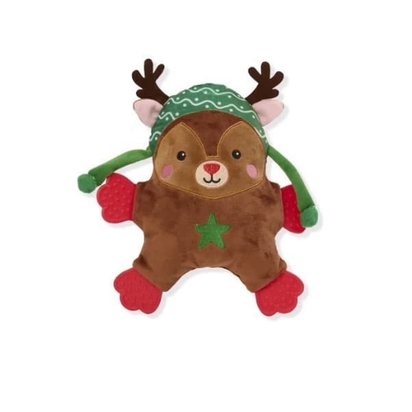 Brinquedo Pelúcia com Mordedor Rena com Gorro Savana Pet Marrom Natal Divertido e Aconchegante para o Seu Pet