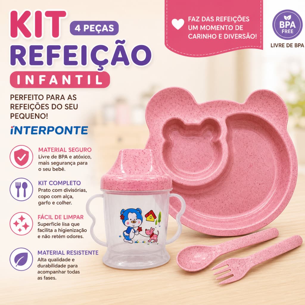 Kit Refeição Infantil 4 Peças Colher Garfo Prato Copo - Interponte /  Infantil Bebidas Escola Passeio Hidratacao