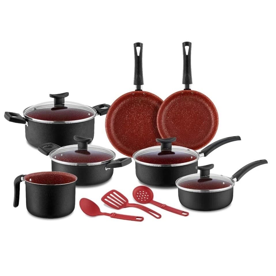 Conjunto de Panelas Antiaderente D'Itália Teflon 10 Peças Bianco Grill + Tampa de Vidro & Utensílios