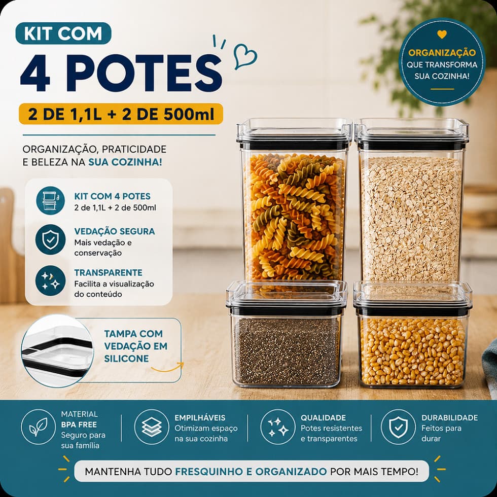 Kit 4 Unidades Potes Herméticos Acrílico - 2 Potes de 1,1L e 2 Potes de 500ml Organização Premiun