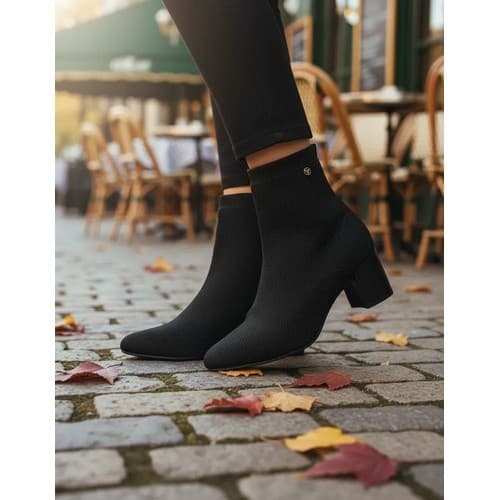 Bota Via Uno Cano Curto Salto Grosso Knit 172061 Preto 172061tfbcv
