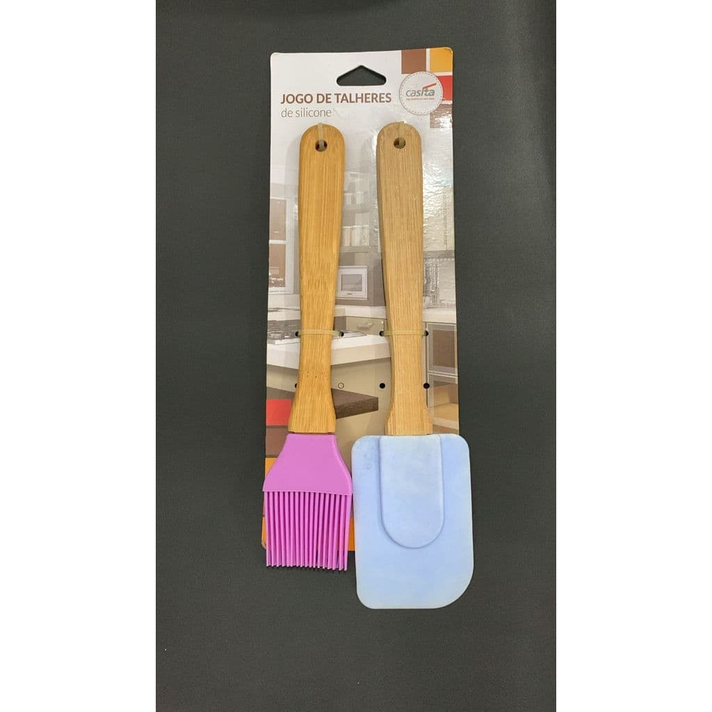 2 Peças Utensílios De Cozinha Em Silicone Com Cabo De Bambu