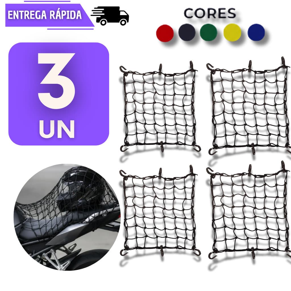Conjunto 3 Redes Elastica Para Moto Capacete Bike Tipo Aranha 6 Ganchos Redinha Acessório Rede Prender Bicicleta Rede