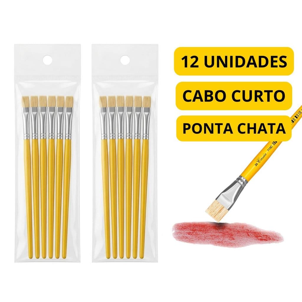 KIT 12  PINCEL PARA PINTURA ESCOLAR CHATO ARTISTICO GUACHE CABO CURTO ARTESANATO 715C - PINCEIS CASSIA