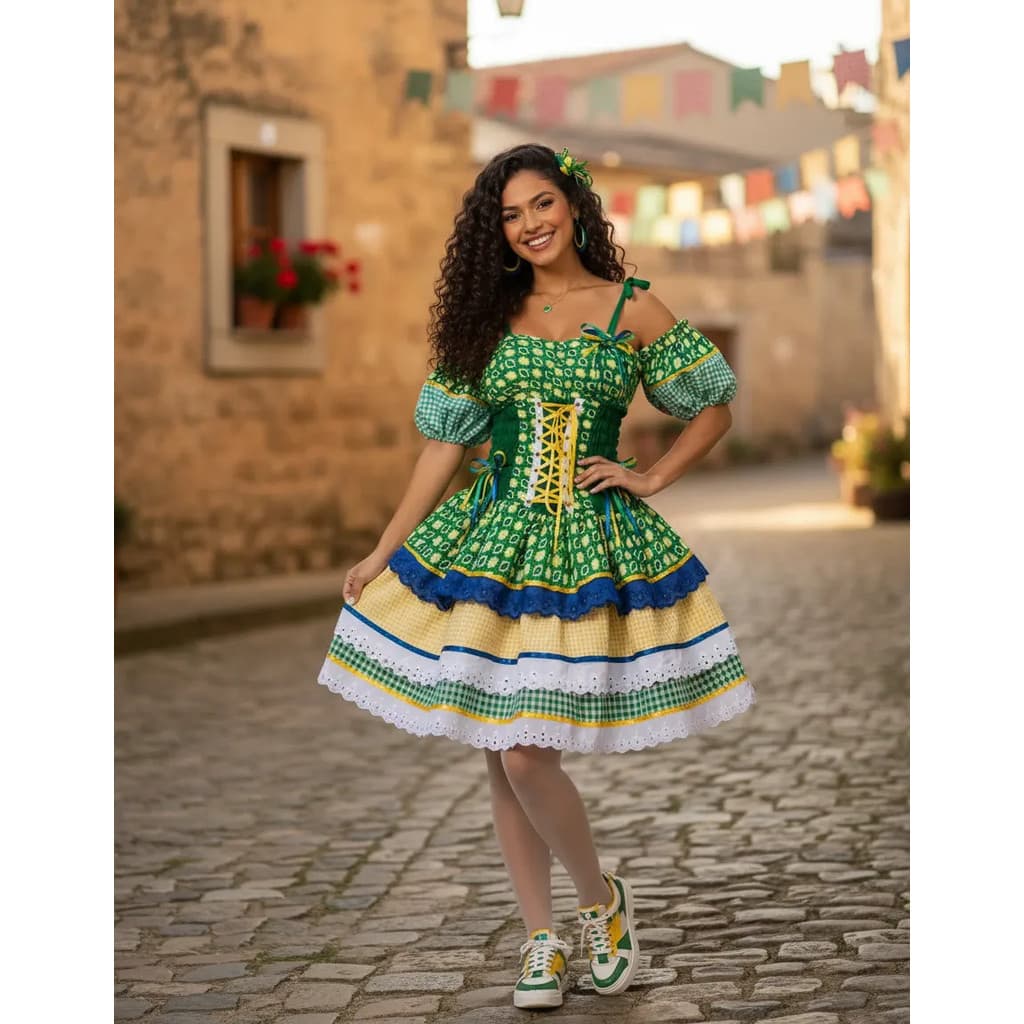 Vestido Feminino Junino Luxo  Adulto Look Para São João Copa do Mundo - Look para jogo do Brasil no São João