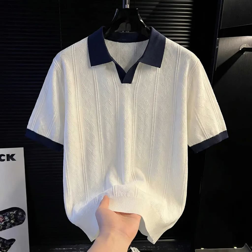 2026 verão contraste cor costura lapela camisa POLO de manga curta camiseta masculina na moda Casual All-Match topo masc