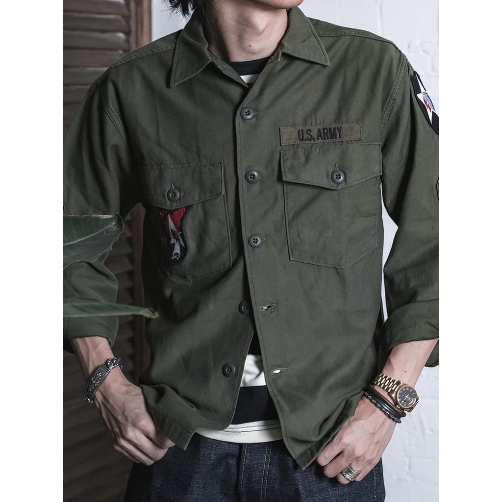 NÃO ESTOQUE OG-107 Retro Estilo Militar Camisa de Manga Comprida US.ARMY Camisa Grossa de Cetim Homens Mulheres