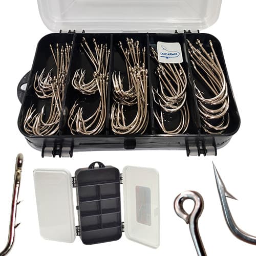 Kit com Estojo e 80 Unidades De Anzol Marine Grande Espinhel  Para Tucunaré