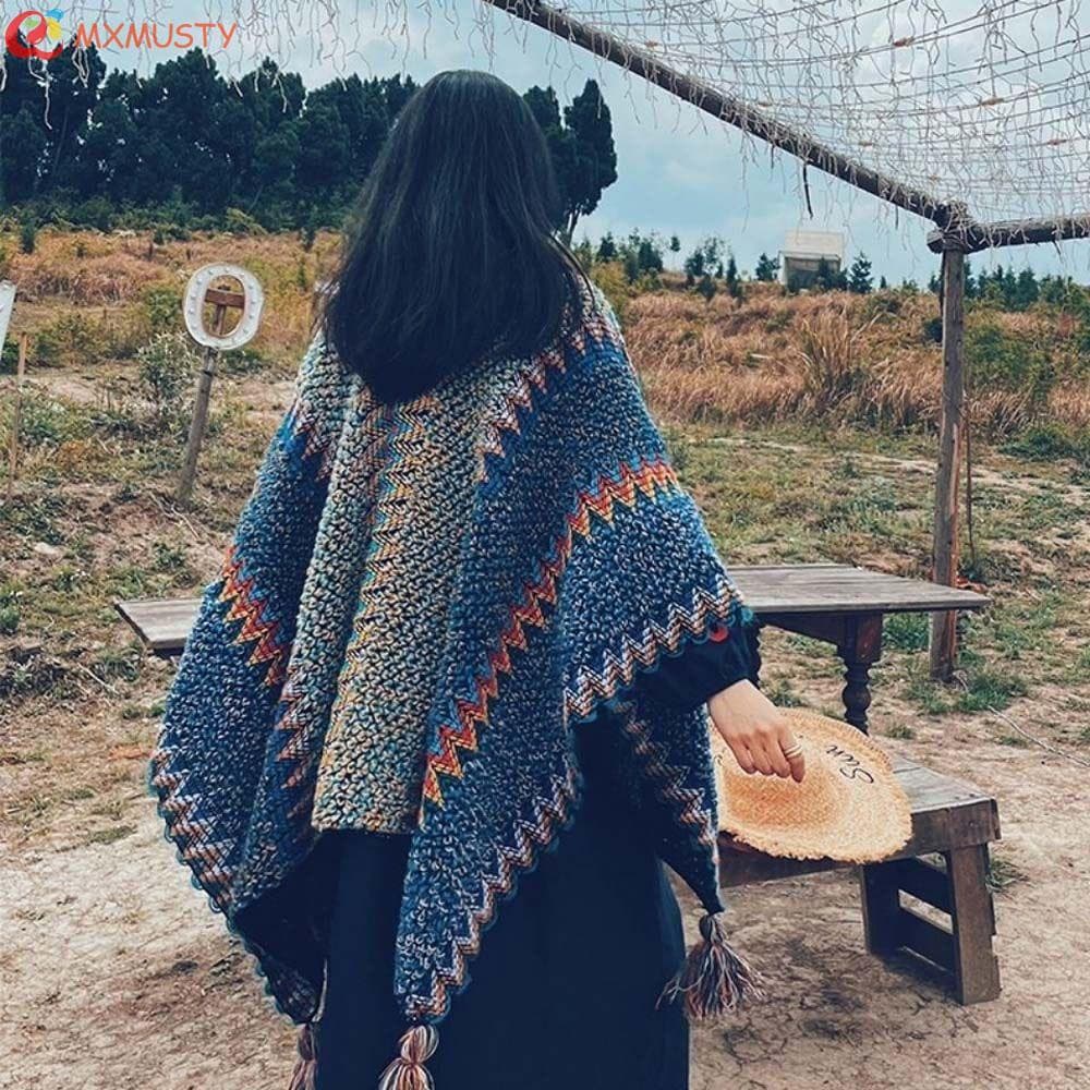 MXMUSTYZA Cachecol Feminino Inverno Senhora Borla Estolas Lenços Triangulares Capa Étnica Envoltório De Pescoço