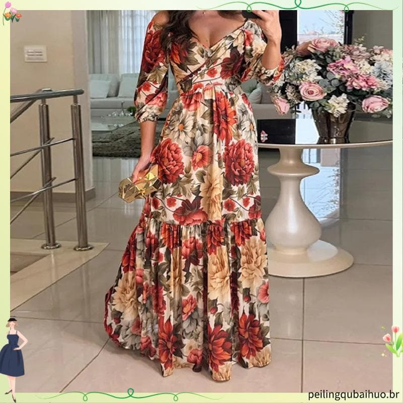 Moda feminina elegante estampa Irregular com decote em v vestido grande Swing (28782)