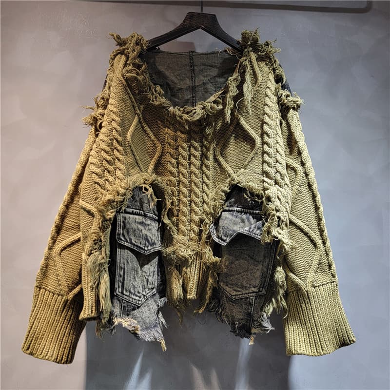 Moda legal única moda torção trançada costura Denim em torno do pescoço de manga comprida camisola curta feminina 2025 o