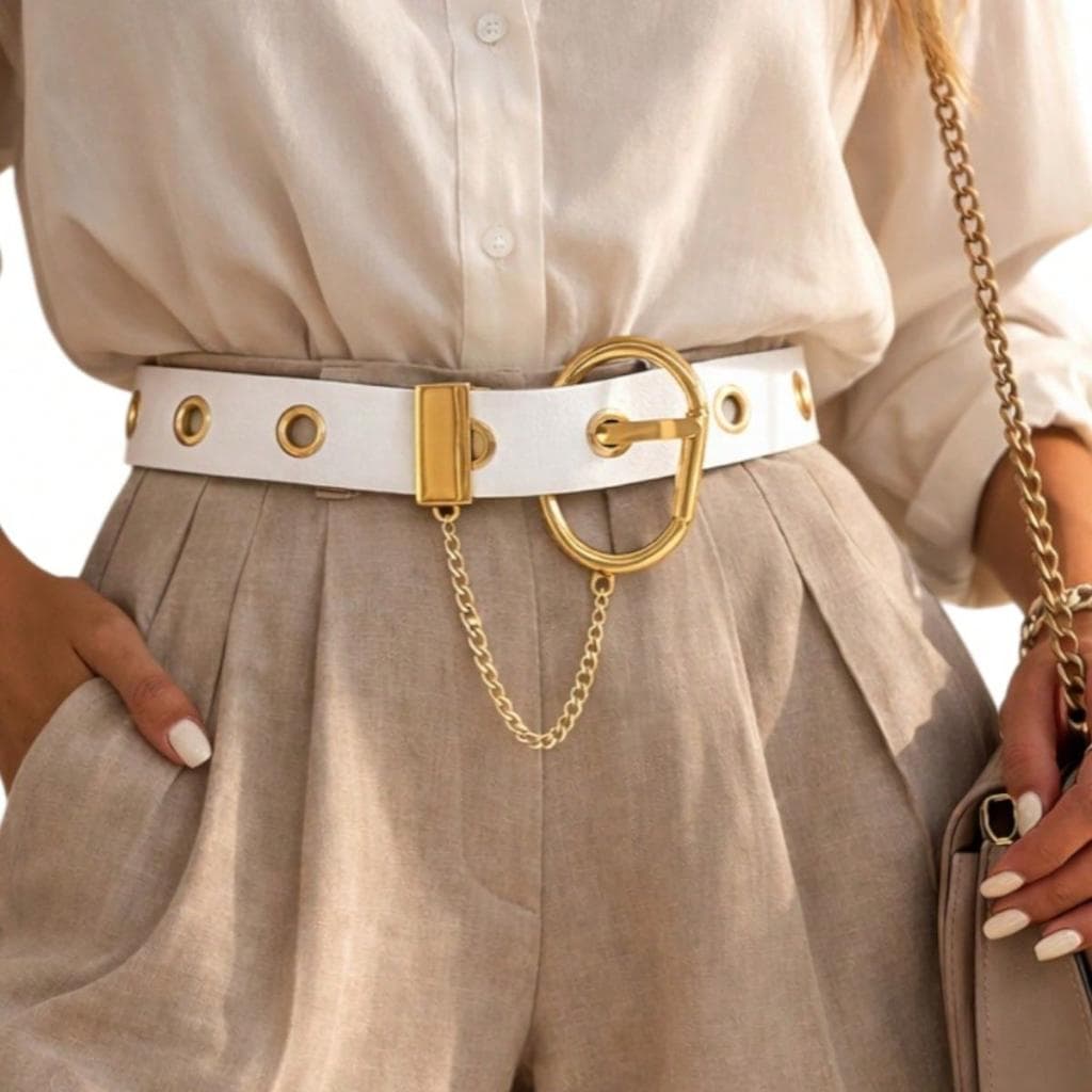 Cinto Feminino Ilhós com Corrente e Fivela Dourada Elegante