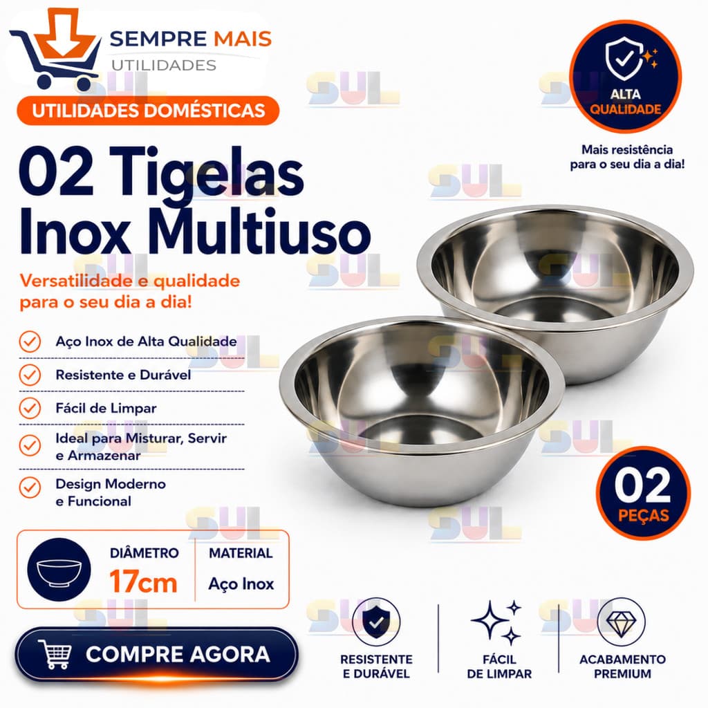 Kit 2 Tigela Saladeira GRANDE 17CM Multiuso AÇO INOX BRILHOSO POLIDO Bowl Cozinha