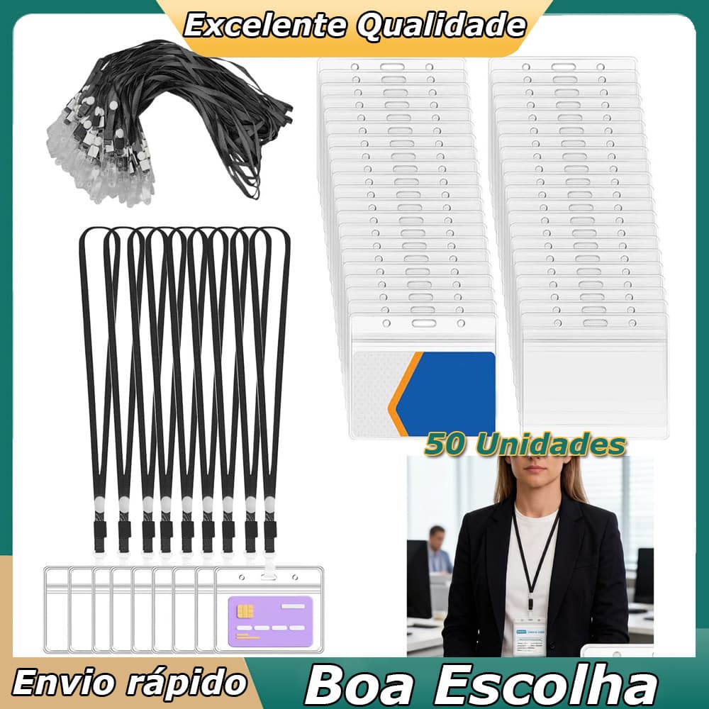 50 Unidades Porta-crachá de PVC Capas para cartões de identificação Suporte de Crachá horizontais com cordões Preto