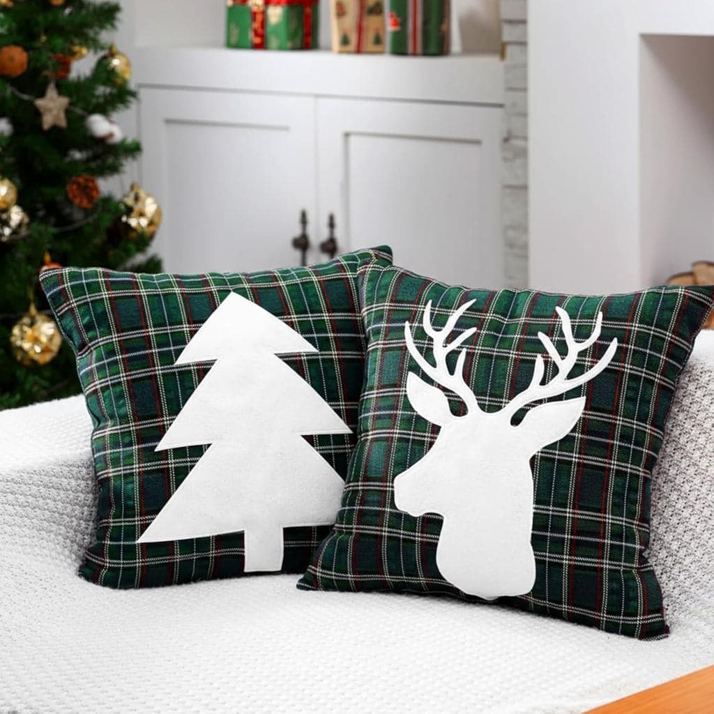 Tudomro 2 Peças Capas de Almofada de Natal com Estampa Tartan, Bordadas com Árvore de Natal e Rena, Decoração de Natal E