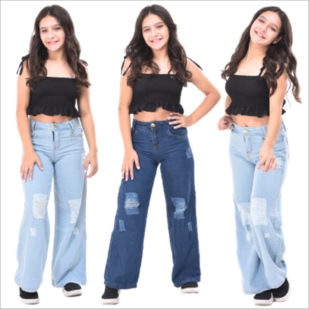 Calça jeans pantalona wide leg infantil destroyed  juvenil 10 ao 16 premium